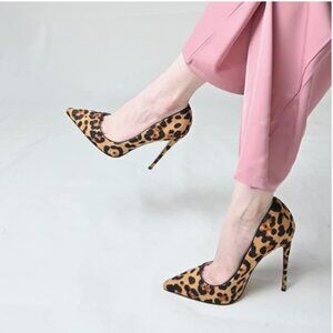FSJ Leopard-suede Printed Dress Shoes Pointy Toe High Heels Stilettos Pumps